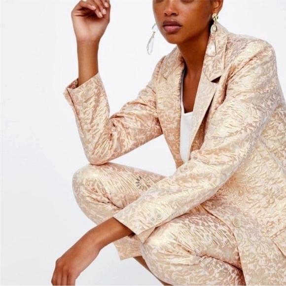 Zara Basic Metallic Rose Jacquard Blazer Jacket Size XS - Picture 2 of 14